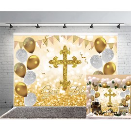 OERJU 7x5ft God Bless Backdrop Baptism Party First Holy Communion Christening Background Gold Glitter Cross Balloons Baby Shower Newborn Birthday Party Decoration Banner Photo Booth Studio Props