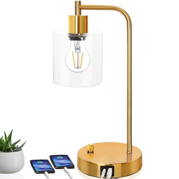 Gold Industrial Table Lamp with 2 USB Ports, Kiampon Elizabeth Vintage Desk Lamp, 3-Way Dimmable Bedside Reading Lamp with Glass Shade for Bedroom Living Room Office, LED Nightstand Lamp with E26 Bulb