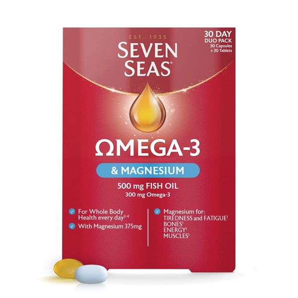 Seven Seas Omega-3 Fish Oil & Magnesium, 500 mg Fish Oil + 300 mg Omega-3, 60 High Strength Tablets With Vitamin D & 375 mg Magnesium, EPA & DHA, Whole Body Health+, Duo Pack: 30 Capsules + 30 Tablets