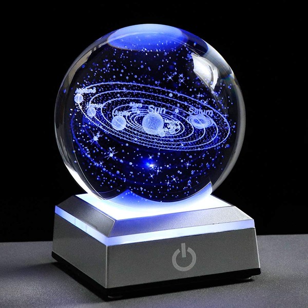 CUQOO 3D Solar System Crystal Ball with LED Colourful Lighting – 8cm Planets Model Decor Science Astronomy Gift | Engraved Universe Planet Sphere Easter Home Decorations for Children