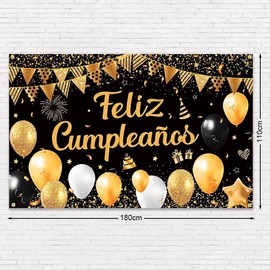 Spanish Happy Birthday Large Banner, Black Banner for Birthday Decoration, Banner Birthday Boy Girl, Birthday Decoration Backgrounds, Banner for Birthday Parties, Birthday Poster