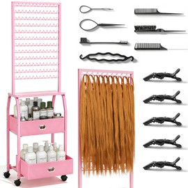 Portable Braiding Hair Rack with Wheels & Storage Drawers,2-Sided 288 Pegs,Hair Extension Holder Hanger for Braiding Hair Separator Stand Display,Hair Rack with Stylist Hair braiding Tools（Pink）