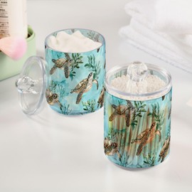 ALAZA - Paquete de 2 soportes Qtip para tortugas marinas con patrón de aguamarina, dispensador de hisopo de algodón con tapa, recipientes de baño, organizador de botes