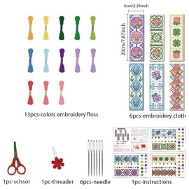 FREEBLOSS 22*8cm 6 Set Flowers Cross Stitch Bookmark Kits Plaid Flowers Cross Stitch Patterns DIY Bookmarks Cross Stitch Kits Stamped Embroidery Bookmarks Kit Counted Cross Stitch Kits for Beginners