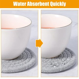 Techson 6PCS Round Woven Coasters, Non-Slip Drinks Beverage Cotton Fabric Mats with Holder, Water Absorption Heat Resistant Bar Tabletop Protection for Cups and Mugs (Dark Grey, Light Grey, White)