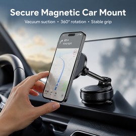 Magnetic Vacuum Phone Mount for Car & Home – 360° Rotating Suction Stand for Smooth Surfaces & Hands-Free Viewing