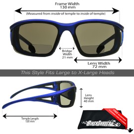 Bikershades Motorcycle Riding Safety Bifocal Glasses Reader Foam Padded Men Women Z87 Wind-Proof 2.50 Smoke & Clear Lens Blue Frame Zipper Hard Case and Eye-Wear Retainer