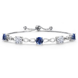 Gem Stone King Blue Created Sapphire and White Moissanite Tennis Bracelet For Women | 4.66 Cttw | Gemstone September Birthstone | Round 6MM | Fully Adjustable Up to 9 Inch