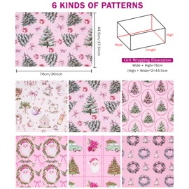 RUSPEPA Christmas Wrapping Paper Sheets for Girls, Pink Vintage Santa Claus, Christmas Tree, Bell, Wreaths and Car Design, Elegant Gift Wrap for Christmas, Holiday, 6 Folded Sheets, 19.68 X 27.5 Inch