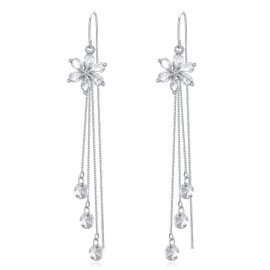 VONALA Threader Earrings 925 Sterling Silver Pull Through Earrings White Flower Drop Dangle Earrings April Birthstone Earrings for Women Mum