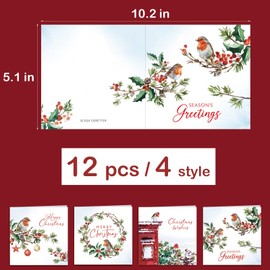Christmas Cards Pack of 12 Traditional Robin Designs with Red Envelopes Christmas Seasonal Greeting Cards 12.5 x 12.5cm Xmas Decorations for Family Friends