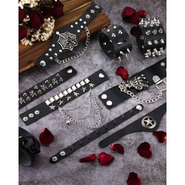 Hicarer 9 Pieces Spiked Studded Bracelet Black Leather Rivet Punk Bracelet Cuff Wrap Bangle Snap Button Metal Wristband for Men Women (Stylish Style)