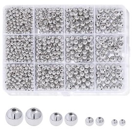 Silver Beads 1100 Pcs Smooth Round Beads 3/4/6/8mm Gold Spacer Loose Ball Bead Kits Silver Filled Beads for Bracelet Jewelry Making