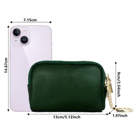 Zip Coin Purse Genuine Leather Women's Purse Portable Mini Purse Three Zips Small Wallet for Coin Cash with Many Compartments, Green, Urban Minimalism