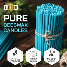Danilovo Thin Taper Beeswax Candles - Honey-Scented, Decorative Candles Ideal for Birthday Decoration or Church Prayers - Turqoise Drip Free, Tall & Smokeless Pack of 50 pcs, 16 x 0,5 cm