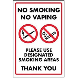 V Safety No Smoking No Vaping/Please use Designated Smoking Area Sign - 150 mm x 200 mm - Rigid Plastic Safety Sign