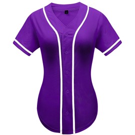 babyhealthy Womens Baseball Jersey Button Down Plain Tshirts Hip Hop Softball Sports Active Tee, Purple, X-Large