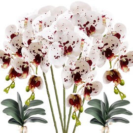 HinyoCo 5 Pcs Artificial Orchid Flowers and 4 Bundles Leaves, Artificial Phalaenopsis Flowers 32 Inch Stem Plants for Home Wedding Decoration (White with Spots)