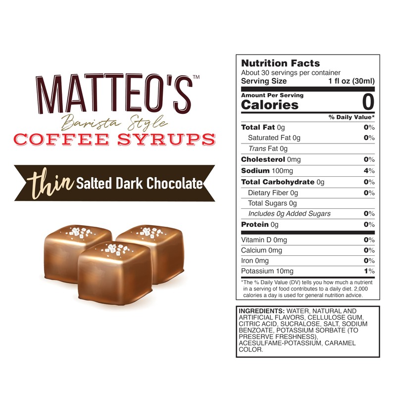 Matteo's Salted Dark Chocolate Syrup for Coffee, Lattes, Cappuccinos &