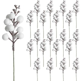 DIYASY White Glitter Berry Stems,20Pcs Artificial Xmas Picks and Sprays Christmas Tree Filler Branches Ornaments Holiday Wreath Garland Decorations Home Décor 7.8 Inch