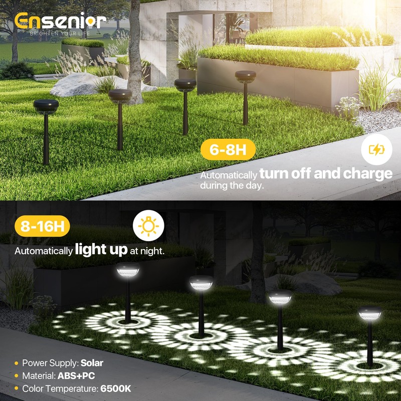Ensenior 6-Pack Solar Lights Outdoor, Auto ON/Off 6500K LED Solar