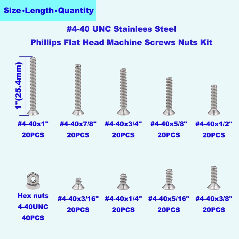 HVAZI #4-40 UNC Stainless Steel Phillips Flat Head Machine Screws