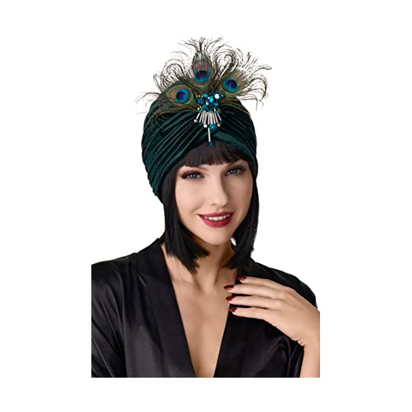 BABEYOND Ruffle Turban Hat for Women Feather Turban Hat with Detachable Crystal Brooch Headwraps Knit Pleated Turban Hat Vintage (Darkgreen)