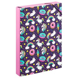 Baagl File Box for School Bag – A4 Folder for Children with Elastic Band and Inner Flaps – Binder, Collector's Box with Elastic Strap for Boys, Unicorn