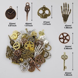 90 Pieces Assorted Antique Steampunk Gears Vintage Skeleton Charms Pendants Mixed for Necklace Bracelet Jewellery Making Accessories (Bronze and Silver, Mixed Colour), Metal