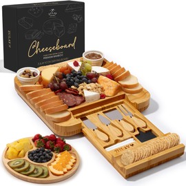 Zulay Kitchen Premium Bamboo Cheese Board Set - Extra Thick Bamboo Charcuterie Board Set with 4 Piece Knife Set - Wooden Cheese Board is Perfect for Charcuterie, Wine and Cheese (Party Set) - Icon