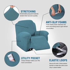 H.VERSAILTEX Super Stretch Recliner Cover Recliner Couch Covers Recliner Chair Cover Form Fitted Non Slip Reclining Slipcovers for Standard Large Recliner, Soft Thick (1 Pack, Storm Blue)