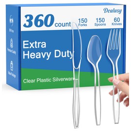 Dealusy 360 Count Extra Heavy Duty Clear Plastic Silverware, 150 Forks, 150 Spoons, 60 Knives, BPA-Free, Heat Resistant, Disposable Plastic Utensils Set, Plastic Cutlery Set, Plasticware Bulk