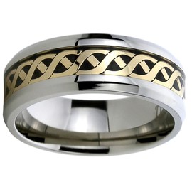 DoubleAccent 8mm Titanium Inlayed Wedding Bands Promise Rings Yellow Tone Mariner Chain Comfort Fit Ring