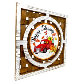 Fall Thanksgiving Seasonal Wall Art Weaving Pattern Pumpkin W Red Vintage Truck Large 14" x 14" (Happy Blessings)