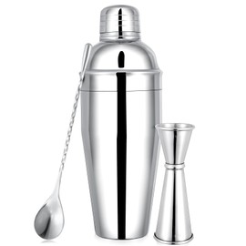 BARsics 24oz Stainless Steel Bar Cocktail Shaker, 1oz/2oz Jigger and 8" Mixing Spoon