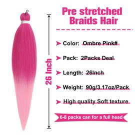 Unionbeauty Pre Stretched Braiding Hair 26 Inch Ombre Pink Braiding Hair 2 Packs EZ Braids Yaki Texture for Box Braids Hot Water Setting Crochet Hair Easy Braid Hair Extensions Synthetic Braiding Hair