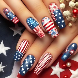 Independence Day Press on Nails Long Coffin Fake Nails with USA Flag Designs 4th of July False Nails Blue Patriotic Acrylic Nails Long Glue on Nails Stars Stick on Nails for Women 24Pcs