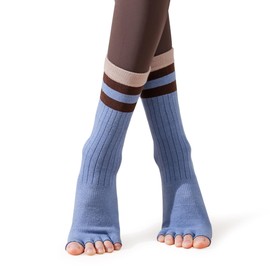 WARMVIN Toeless Pilates Crew Socks With Grips for women, Non Slip Sticky Grippy Yoga Socks for Barre, Dance, Pilates Gifts (2 Pairs, Blue/Black)