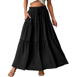 Genfien Skirt Women's Long Boho High Elastic Waist with Pockets and Belt Maxi Skirt Midi Casual Skirt Plain Skirt A-line Casual Summer Maxi Skirt, black, M