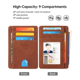Teskyer Mini Wallet Men's Small Card Case, PU Leather Slim Card Case, RFID Protection, Minimalist, with ID Window and Quick Access Compartment, Suede Copper Brown, Minimalist