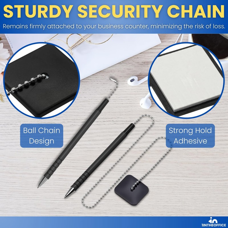 1InTheOffice Pen with Chain 7mm, Security Desk Pen with Adhesive