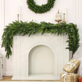 9FT Artificial Christmas Garland, Cedar Garland -Real Touch Greenery Cypress Pine Garland for Mantle Table Railing Fireplace Indoor & Outdoor Christmas Decoration
