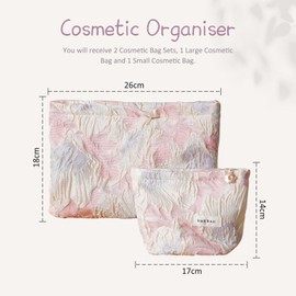 Riceel Travel Cosmetic Bag, 2 Pieces Cosmetic Bag, Large and Small, Portable Toiletry Bag, Cotton Embroidered Flowers, Make Up Bag for Everyday Use and Travel, relief flower powder, Elegant