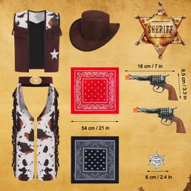 UWXOZO Cowboy Kostüm Kinder Western Polizei Cowboy Zubehör mit Hut Weste Abzeichen Kinder Karneval Kostüm Jungen Mädchen Sheriff Cosplay Outfits Set Sombrero Halstuch UX006L