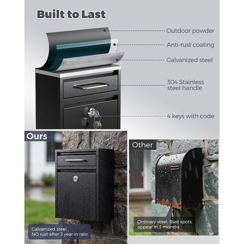 LAND·VOI Mailbox for Outside Wall Mount, Heavy Duty Rustproof, Anti-Theft