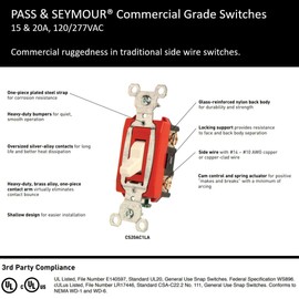 Legrand-Pass & Seymour CS15AC3BKCC8 15A 120-volt/277 Voltage Alternating Current Side Wire Three Way Switch, Black