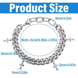 SIRLOMU Men's Cross Bracelet Stainless Steel Curb Chain Bracelet Men Heavy Cuban Cross Chain Bracelet Hip Hop Rapper Fashion Jewelry (10mm Width/16+5cm Length)