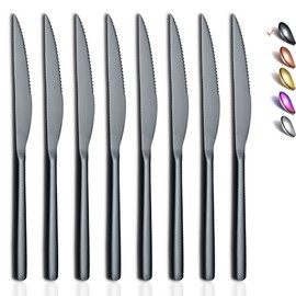 HOMQUEN Black Steak Knives, 8 Piece Premium Stainless Steel Steak Knife Set, Meat Knife Sets, German Steak Knives Serrated, Tomato Knife, For Home, Kitchen or Restaurant, Dishwasher Safe (9.2 Inch)