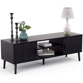 Lifetime Home Mid-Century Modern 55" TV Stand with 2 Side Doors Entertainment Center Console for Living Room Bedroom Office- Supports up to 65 Inch TV & 150 lbs Large Cabinet w/Shelves - Black
