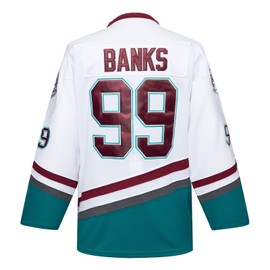 Mighty Ducks Jersey Movie Ice Hockey Jersey White S-L Adam Banks #99 with Youth Size, 90S Hip-Hop Party Outfits for Kids(Small)